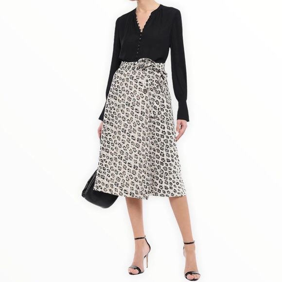 Joie Collen A-Line Leopard Print Linen Wrap Midi Skirt in Cappuccino - Picture 1 of 13